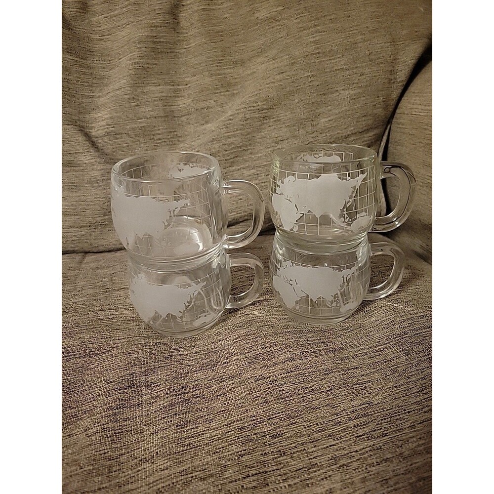 Nescafé Round Globe Mugs 1970s Set of 4 Etched World Map MCM Nestle Co. Vtg